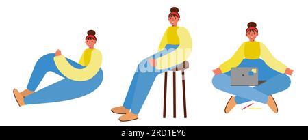 3 pose sedute di una donna, a terra, su uno sgabello, con il portatile. Indossa una camicia a maniche lunghe e pantaloni, proporzioni distorte. Illustrati vettoriali Illustrazione Vettoriale