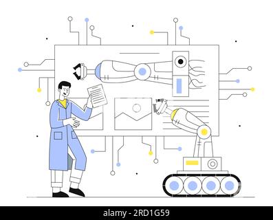 Scienziato con concetto di linea braccio robotico Illustrazione Vettoriale