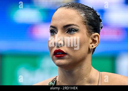 Fukuoka, Giappone. 18 luglio 2023. Laura Miccuci, brasiliana, guarda dopo aver gareggiato nel Duet Free femminile preliminare durante il ventesimo Campionato Mondiale di Aquatics presso la Marine Messe Hall A di Fukuoka (Giappone), 18 luglio 2023. Crediti: Insidefoto di andrea staccioli/Alamy Live News Foto Stock