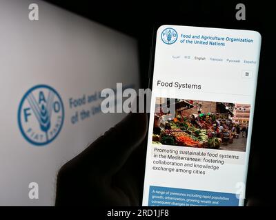 Persona in possesso di un cellulare con il sito web dell'agenzia delle Nazioni Unite per l'alimentazione e l'agricoltura (FAO) sullo schermo con il logo. Concentrarsi sul centro del display del telefono. Foto Stock