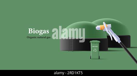Impianto di produzione di energia biogas, energia verde, composizione di rendering 3d di potenza alternativa con tubo flessibile per il rifornimento di carburante durante il trasporto Illustrazione Vettoriale