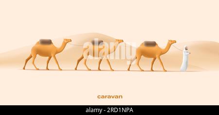 Cammellieri con carovana di cammelli in un paesaggio desertico, uomo che conduce animali e merci, illustrazione 3d. Illustrazione Vettoriale