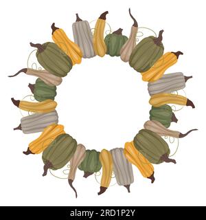Cornice vettoriale rotonda di zucche verdi, grigie e gialle e posizione per il testo. Modello con verdure e spazio per la copia. Confine con la fattoria per inviti, carte Illustrazione Vettoriale