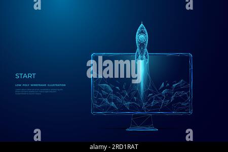 Lancio di Digital Rocket dalla schermata monitor computer. Illustrazione Vettoriale