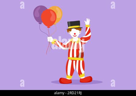 Disegnare il personaggio in piano un simpatico clown maschio si trova tenendo diversi palloncini nella mano destra. Ai bambini piace davvero lo spettacolo. Affari circensi di successo Foto Stock