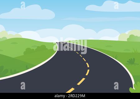 tortuosa strada asfaltata all'orizzonte; paesaggio rurale - illustrazione vettoriale Illustrazione Vettoriale