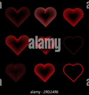 Set di cuori con transizione a punti e mezzitoni, raccolta di elementi di progettazione vettoriali su sfondo nero Illustrazione Vettoriale