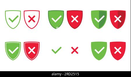 Set di scudi verde e rosso con segno di spunta OK e simbolo X X X X X, illustrazione vettoriale Illustrazione Vettoriale