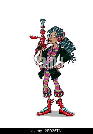 Arte, donna nera, in colorato abbigliamento anni '1970, con pistola a raggi, ispirata a Trillian Astra, dal libro Hitchhiker's Guide to the Galaxy di Douglas Adams Foto Stock