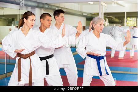 La gente in kimono che pratica i pugni durante l'esercitazione delle arti marziali di gruppo Foto Stock