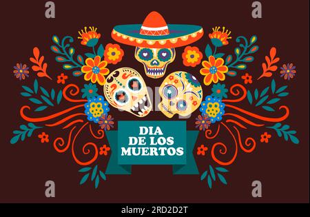 Dia de los muertos, teschi con sombrero e fiori Illustrazione Vettoriale