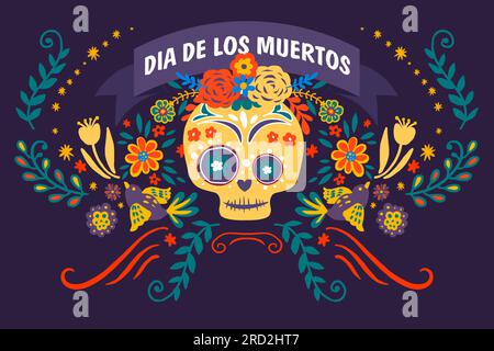 Dia de los muertos, teschio decorato con fiori Illustrazione Vettoriale
