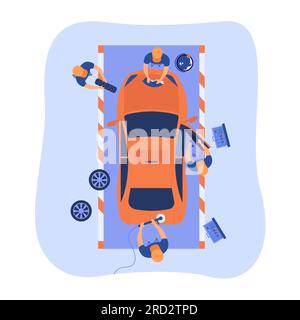 Team di assistenza automobilistica che lavora su un'auto Illustrazione Vettoriale