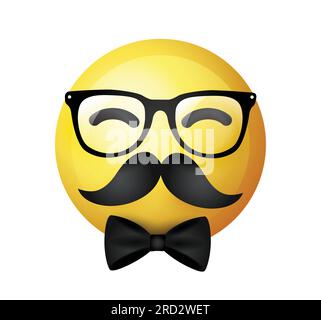 Emoticon di alta qualità su sfondo bianco. Faccia gialla con baffi. Vettore emoji baffi. Emoji hipster. I baffi sorridono. Illustrazione Vettoriale