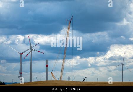 Radegast, Germania. 18 luglio 2023. Una gru lavora nel cantiere di un nuovo parco eolico. L'espansione delle turbine eoliche onshore sta facendo progressi in Germania. Nella prima metà del 2023 furono erette 331 turbine eoliche con una capacità totale di circa 1,56 gigawatt. Credito: Jens Büttner/dpa/Alamy Live News Foto Stock