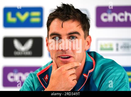 L'australiano Pat Cummins durante una conferenza stampa all'Emirates Old Trafford, Manchester. Data foto: Martedì 18 luglio 2023. Foto Stock