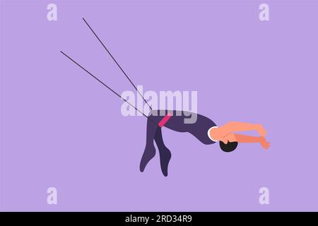 Personaggio piatto disegno giovane acrobata maschile esegue su trapezio con le gambe appese e la testa giù mentre le mani oscillano. Coraggioso e agile. Evento Circus Show Foto Stock