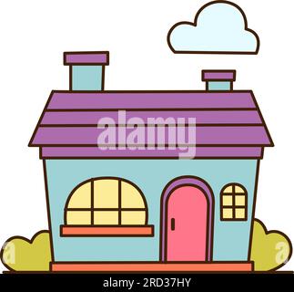 Casa blu dei cartoni animati vettoriali con grande finestra e icona a due canne fumarie. Piccola casa vettoriale con tetto viola e nuvola nel cielo. Illustrazione Vettoriale
