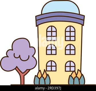 Casa dei cartoni animati Vector a tre piani con un'icona blu sul tetto. Casa vettoriale gialla con sei finestre e un'icona ad albero viola. Illustrazione Vettoriale