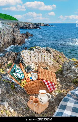 PICNIC Bretagna Francia ostacolare con il tipico vino francese di formaggio e pane producono sul robusto Bretagna meridionale costa a Doëlan Finistere Bretagna Francia Foto Stock