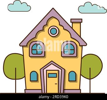 Casa Vector gialla con icona rosa sul tetto. Vista frontale vettoriale di una residenza verde suburbana con icona giardino. Illustrazione Vettoriale