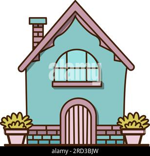 Vecot piccola casa blu costruita con icone in mattoni. Vecchia casa vettoriale con grandi vasi accanto e icona di canna fumaria. Illustrazione Vettoriale