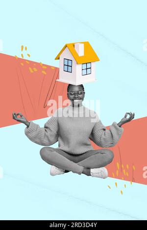 Collage di modelli creativi di una donna calma e positiva con la testa di casa che sogna di un nuovo appartamento in meditazione Foto Stock