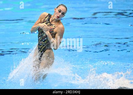 Fukuoka, Giappone. 18 luglio 2023. Il Team Italia si esibisce durante la finale tecnica di squadra di nuoto artistico ai Campionati mondiali di nuoto a Fukuoka, Giappone, 18 luglio 2023. Crediti: Xu Chang/Xinhua/Alamy Live News Foto Stock