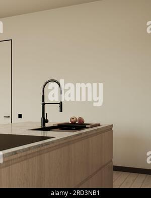 Cucina con isola e facciate in legno. Foto Stock