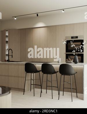 Cucina con isola e facciate in legno. Foto Stock