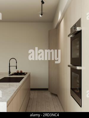 Cucina con isola e facciate in legno. Foto Stock