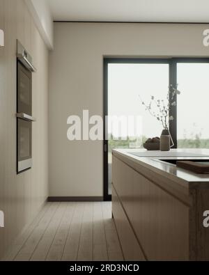 Cucina con isola e facciate in legno. Foto Stock