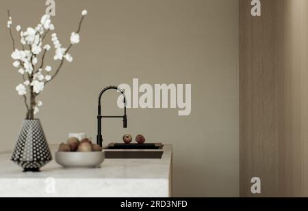 Cucina con isola e facciate in legno. Foto Stock