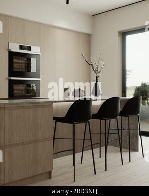 Cucina con isola e facciate in legno. Foto Stock