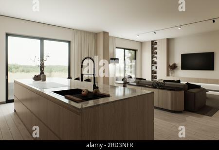 Cucina con isola e facciate in legno. Foto Stock