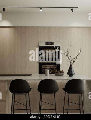 Cucina con isola e facciate in legno. Foto Stock