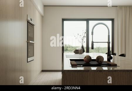 Cucina con isola e facciate in legno. Foto Stock