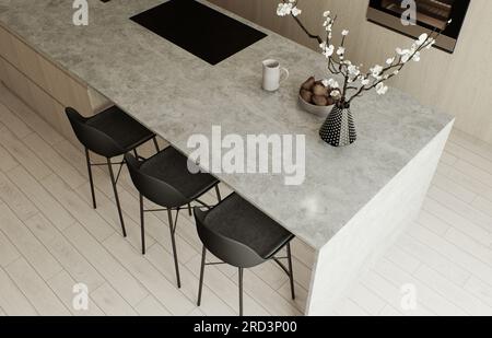 Cucina con isola e facciate in legno. Foto Stock