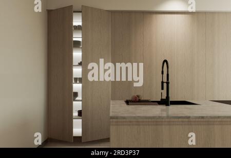 Cucina con isola e facciate in legno. Foto Stock