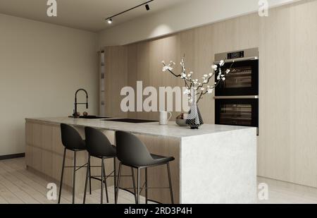 Cucina con isola e facciate in legno. Foto Stock