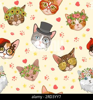 Motivo senza cuciture con gattini. Teste di gatto in cappelli e occhiali, corona di fiori. Signore e signori animali hipster. Stampa alla moda. Decorazioni in tessuto Illustrazione Vettoriale
