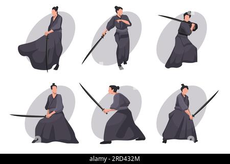 Set di personaggi dei cartoni animati samurai Illustrazione Vettoriale