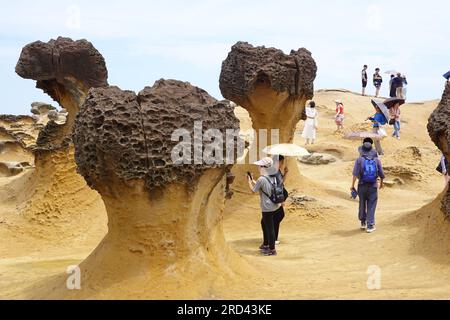 Le rocce del Gepark di Yehliu sono avvolte dal mare, dal tempo e dal movimento terrestre per creare un paesaggio geologico unico, Capo Yehliu vicino a Taipei, in Cina Foto Stock