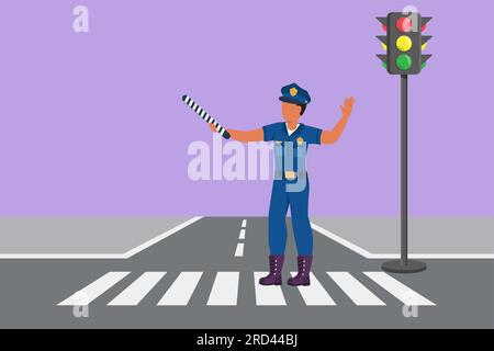 Stile piatto dei cartoni animati che disegna il poliziotto sul sentiero di attraversamento vicino al semaforo, in uniforme completa, il bastone del traffico sollevante controlla la folla di veicoli du Foto Stock