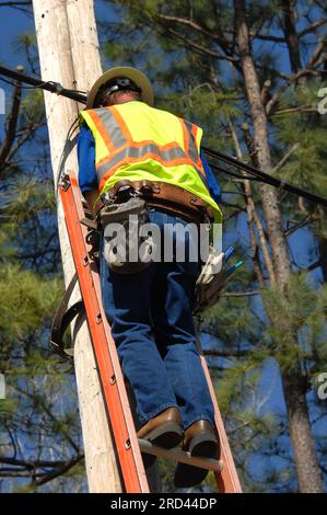 Il dipendente lavora sulla linea elettrica in una giornata di sole con cieli blu. Indossa le attrezzature di sicurezza, tra cui cintura e giubbotto al neon. Foto Stock