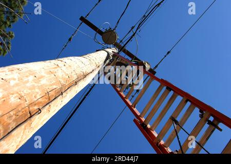 Vista inusuale del riparatore telefonico che lavora in cima a una scala di 30 metri. Il cielo è blu vivo. Foto Stock