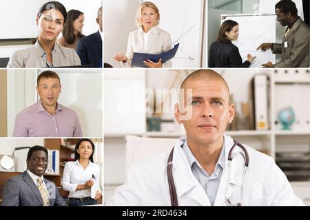 Collage di ritratti di persone sorridenti di diverse nazionalità e attività Foto Stock