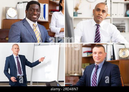 Collage di ritratti di uomini d'affari di successo sul posto di lavoro in ufficio Foto Stock