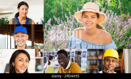 Collage di ritratti di persone sorridenti di diverse nazionalità e attività Foto Stock