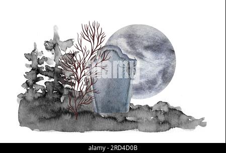 Acquerello Halloween. Cimitero dipinto a mano con lapide, pipipistrelli e luna isolato su bianco . Stampa festiva per il design o lo sfondo Foto Stock